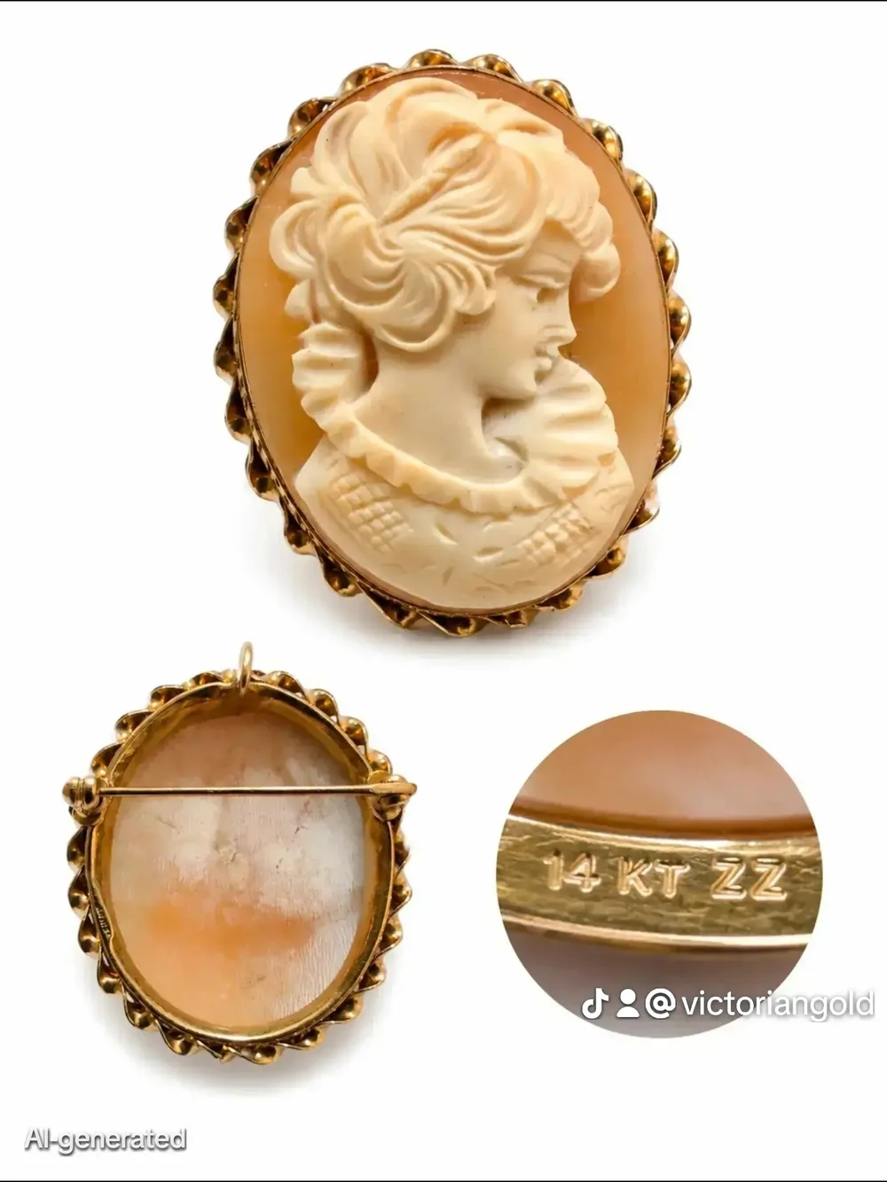 14K Gold Shell Cameo Brooch - Peach and Cream Portrait